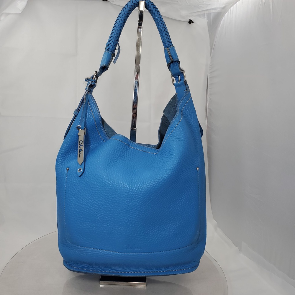 Vintage Y2K Worn Cole Haan Blue Leather Slouchy Hobo Bucket Shoulder Bag Braided
